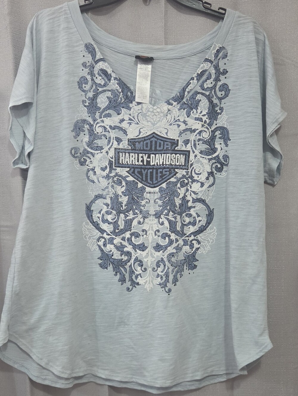Harley-Davidson Women's Short Sleeve Blue Mackinaw City Shirt 2X Zips Rhinestone